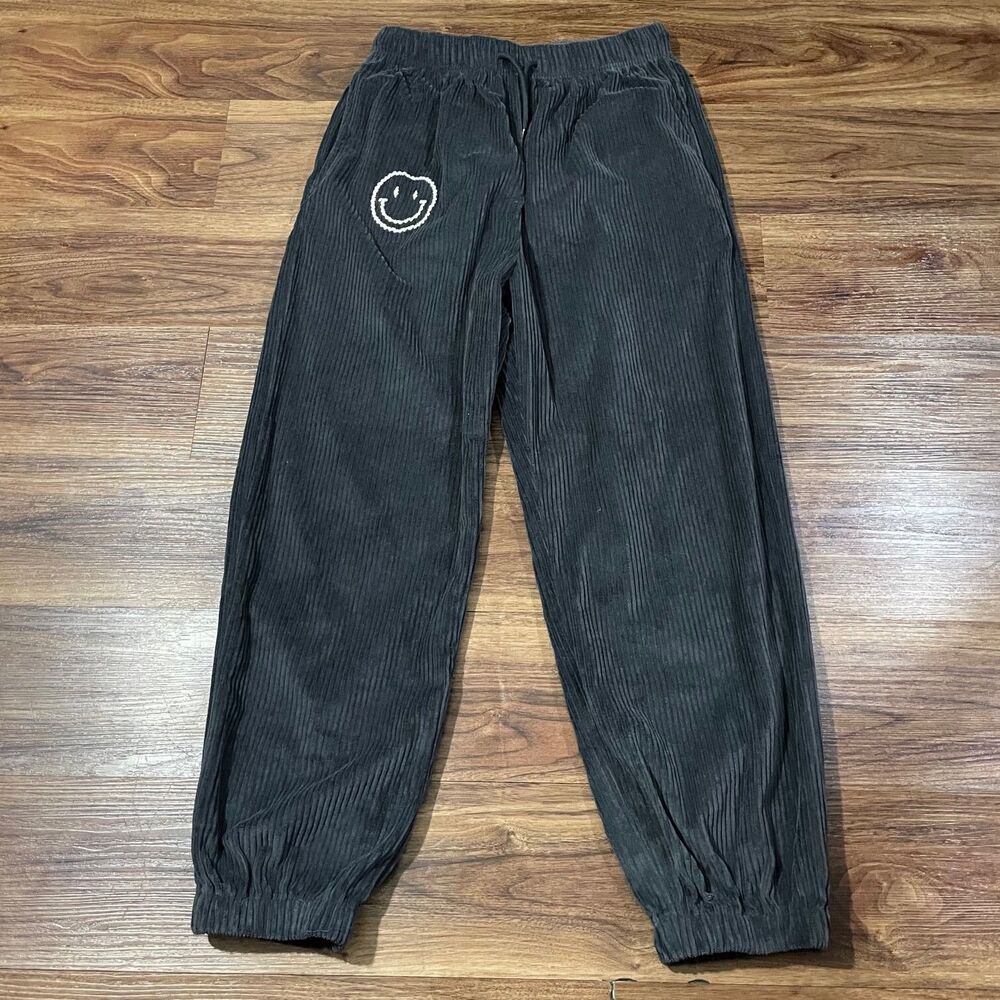 Miou Muse Josie Corduroy Joggers Gray Happy Face Sweatpants Drawstring Women’s M